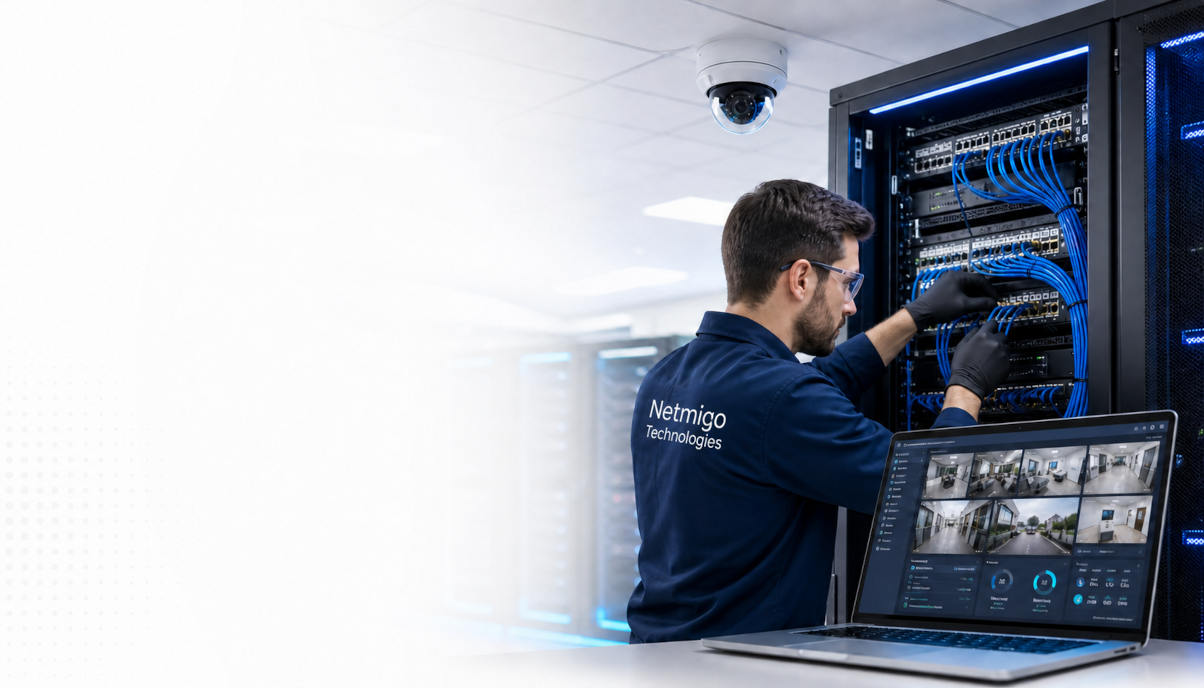 Professional IT technician installing network cabling server rack infrastructure